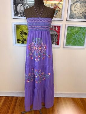 Y2K Boho Embroidered Maxi Dress – Purple Festival Smocked Sundress
